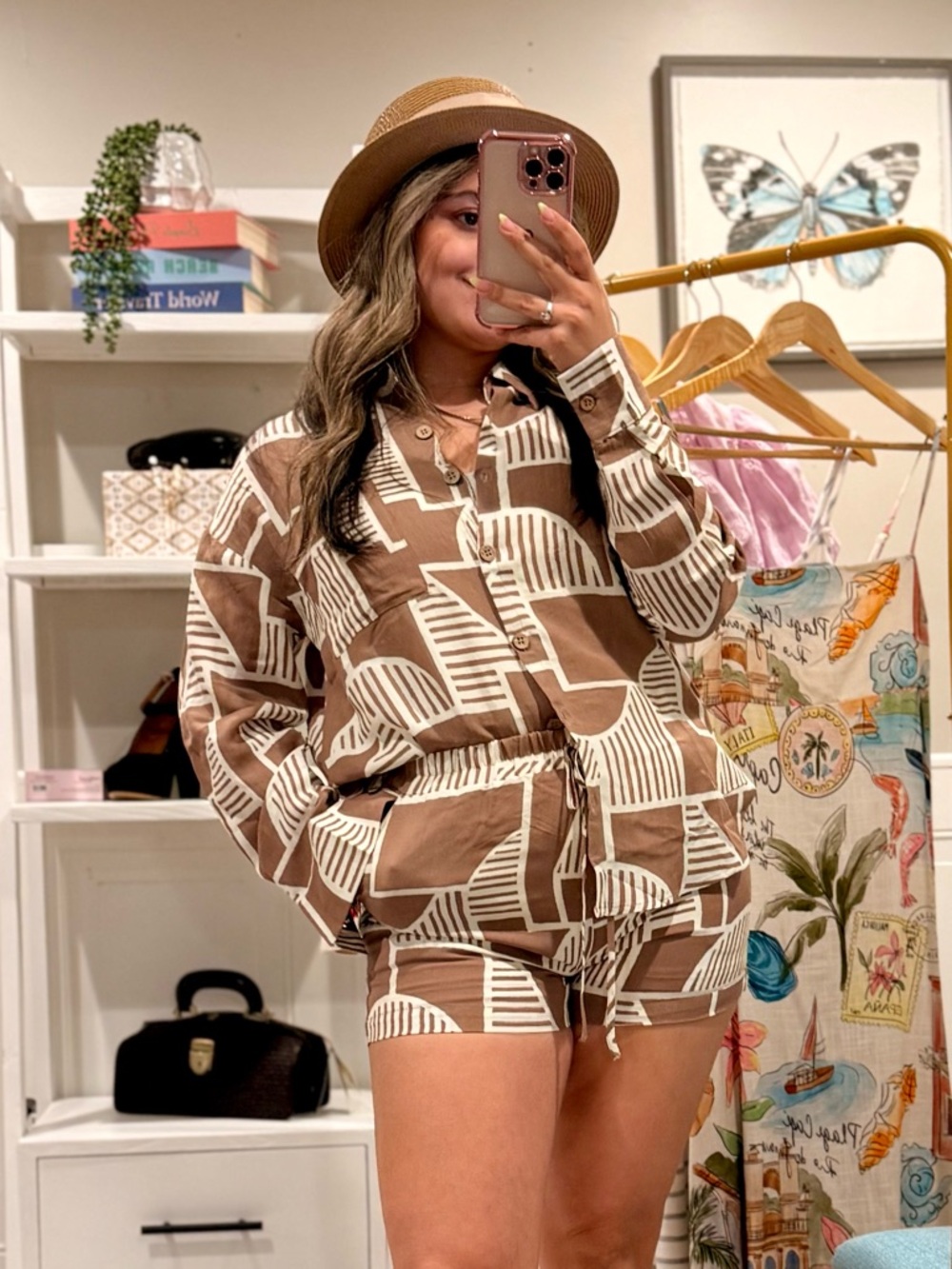 Blu Pepper Brown Geometric Two Piece Shorts Set NWT Size Small